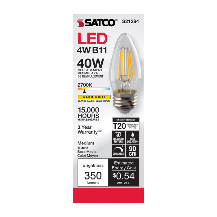 SATCO/NUVO 4W B11 LED Clear Medium Base 90 CRI 2700K 120V (S21284)