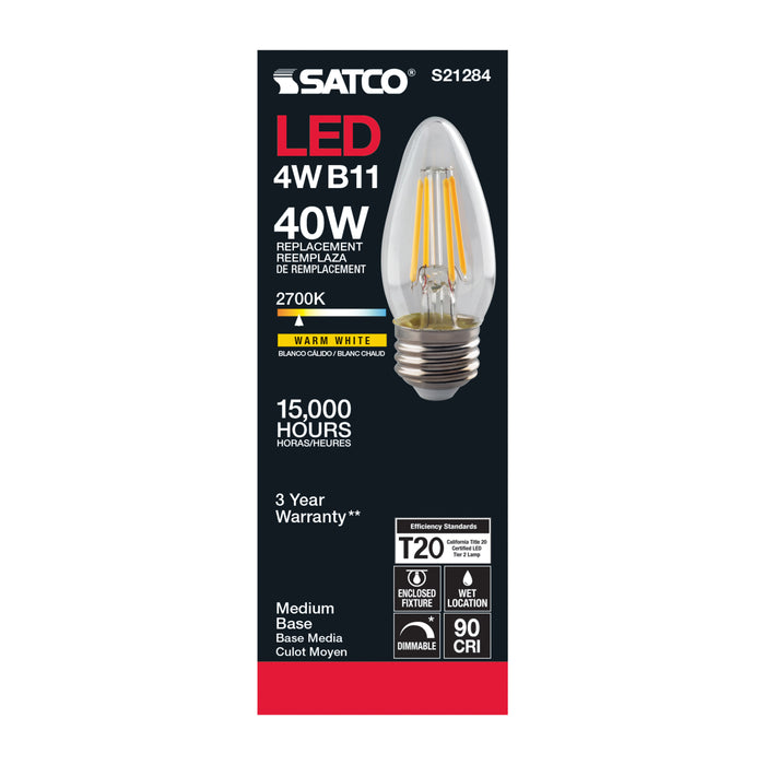 SATCO/NUVO 4W B11 LED Clear Medium Base 90 CRI 2700K 120V (S21284)