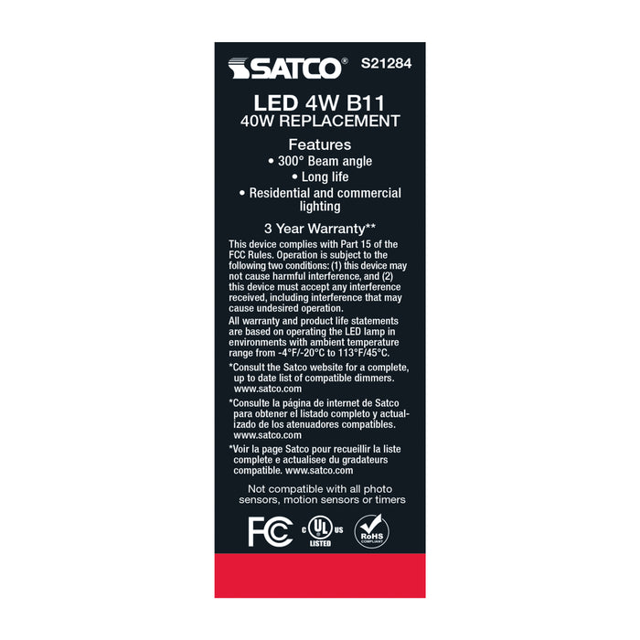 SATCO/NUVO 4W B11 LED Clear Medium Base 90 CRI 2700K 120V (S21284)
