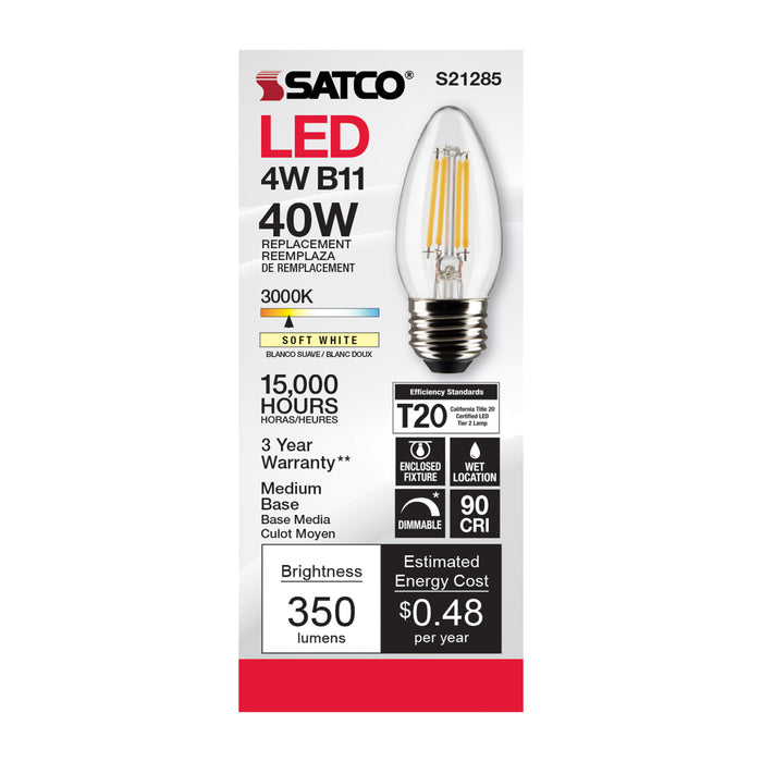 SATCO/NUVO 4W B11 LED Clear Medium Base 90 CRI 3000K 120V (S21285)