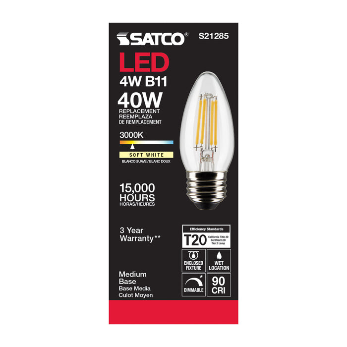 SATCO/NUVO 4W B11 LED Clear Medium Base 90 CRI 3000K 120V (S21285)
