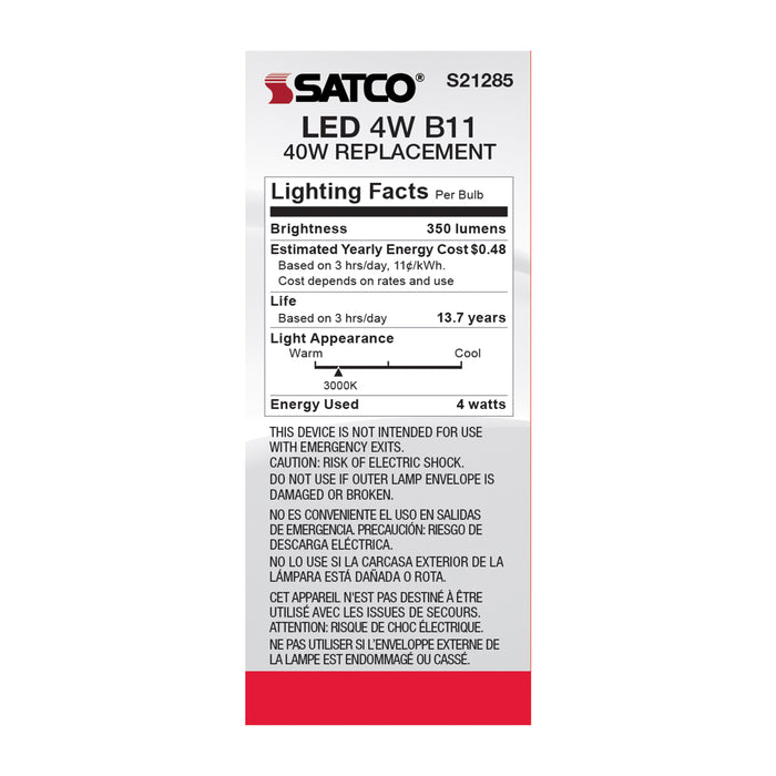 SATCO/NUVO 4W B11 LED Clear Medium Base 90 CRI 3000K 120V (S21285)