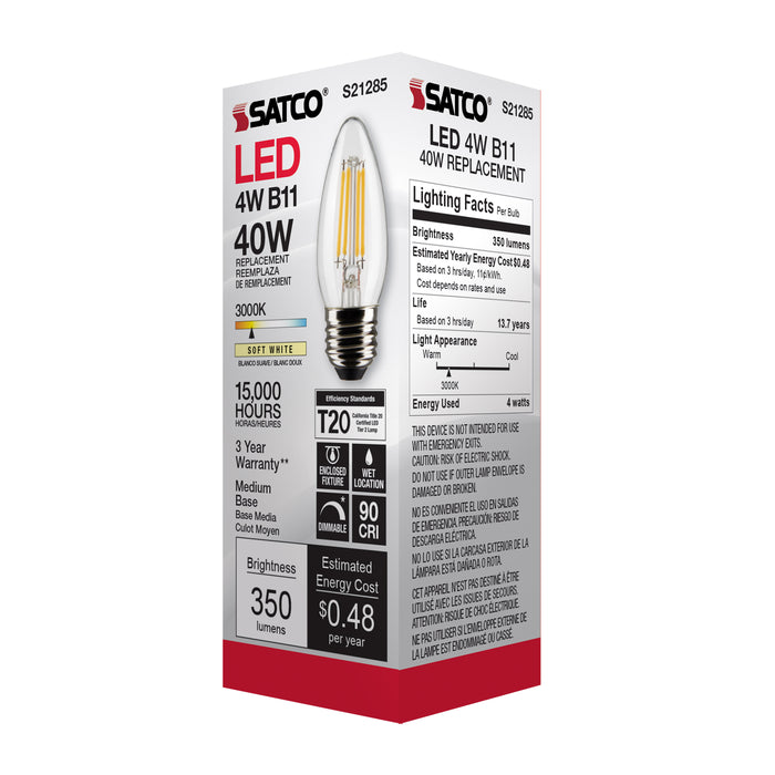 SATCO/NUVO 4W B11 LED Clear Medium Base 90 CRI 3000K 120V (S21285)