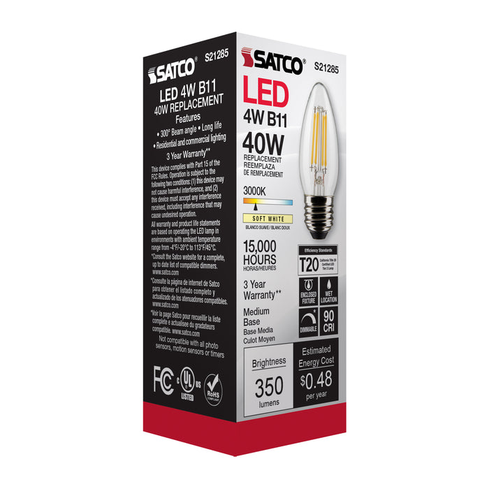 SATCO/NUVO 4W B11 LED Clear Medium Base 90 CRI 3000K 120V (S21285)