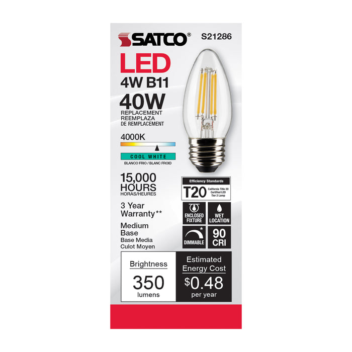 SATCO/NUVO 4W B11 LED Clear Medium Base 90 CRI 4000K 120V (S21286)