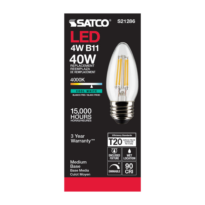 SATCO/NUVO 4W B11 LED Clear Medium Base 90 CRI 4000K 120V (S21286)