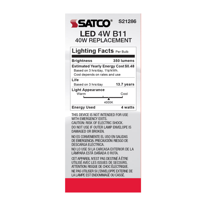 SATCO/NUVO 4W B11 LED Clear Medium Base 90 CRI 4000K 120V (S21286)