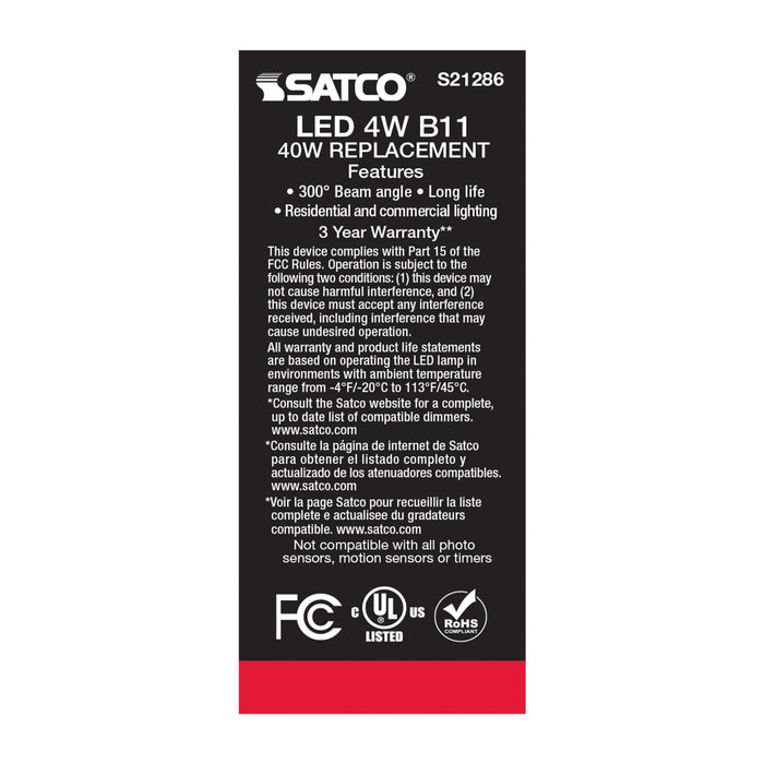 SATCO/NUVO 4W B11 LED Clear Medium Base 90 CRI 4000K 120V (S21286)