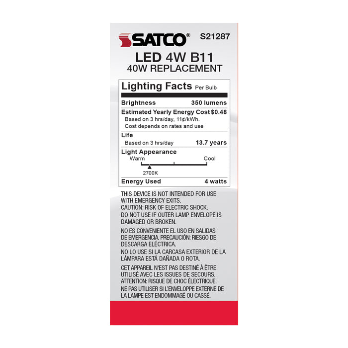SATCO/NUVO 4W B11 LED Frost Medium Base 90 CRI 2700K 120V (S21287)