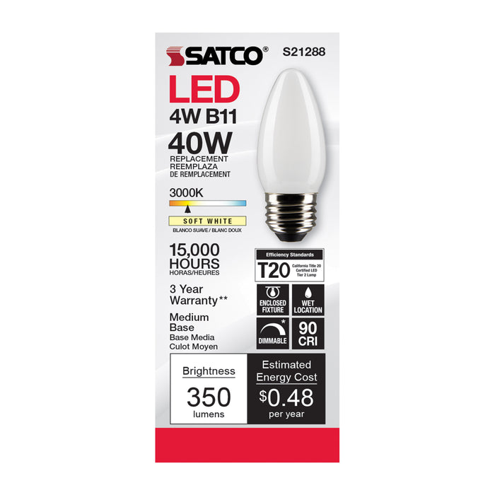 SATCO/NUVO 4W B11 LED Frost Medium Base 90 CRI 3000K 120V (S21288)