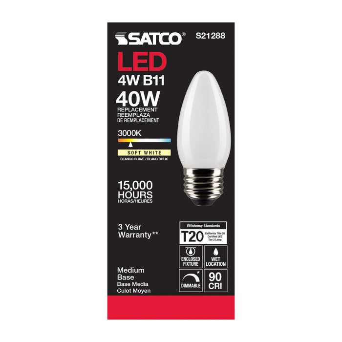 SATCO/NUVO 4W B11 LED Frost Medium Base 90 CRI 3000K 120V (S21288)