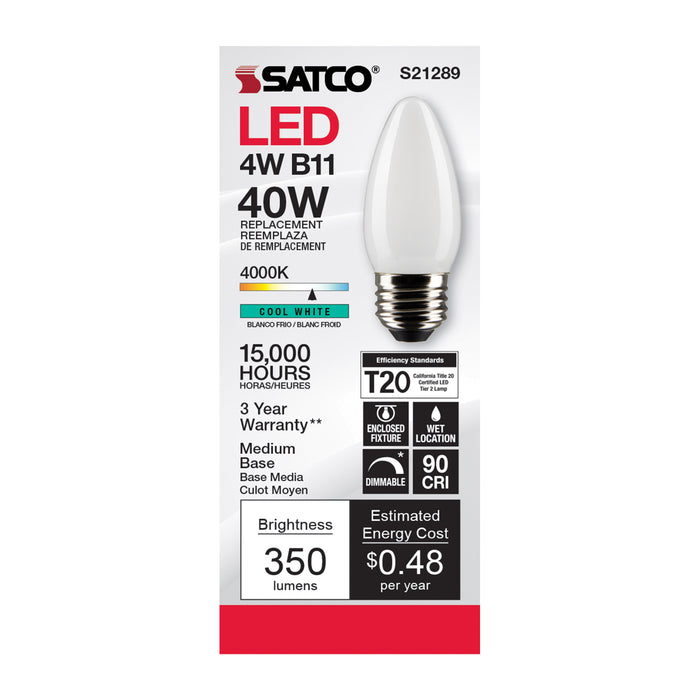 SATCO/NUVO 4W B11 LED Frost Medium Base 90 CRI 4000K 120V (S21289)