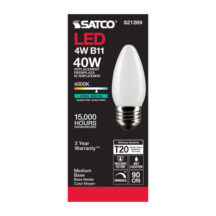 SATCO/NUVO 4W B11 LED Frost Medium Base 90 CRI 4000K 120V (S21289)