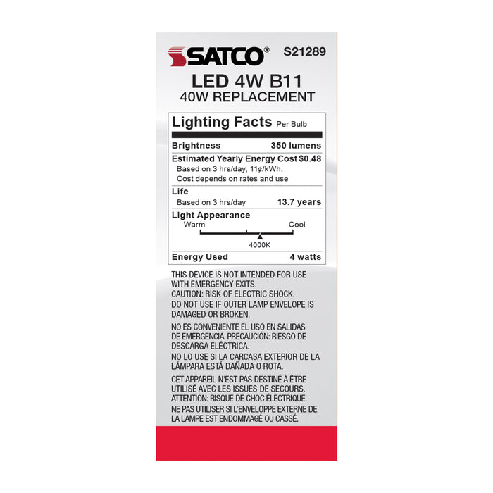 SATCO/NUVO 4W B11 LED Frost Medium Base 90 CRI 4000K 120V (S21289)