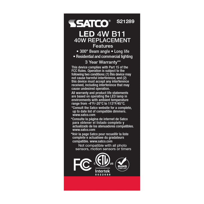 SATCO/NUVO 4W B11 LED Frost Medium Base 90 CRI 4000K 120V (S21289)