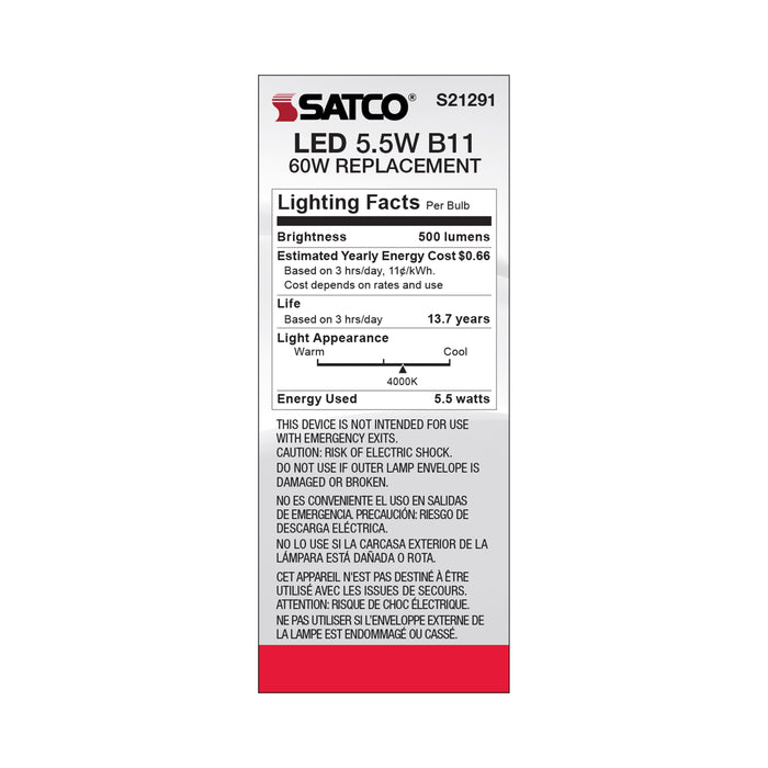 SATCO/NUVO 5.5W B11 LED Clear Medium Base 90 CRI 4000K 120V (S21291)