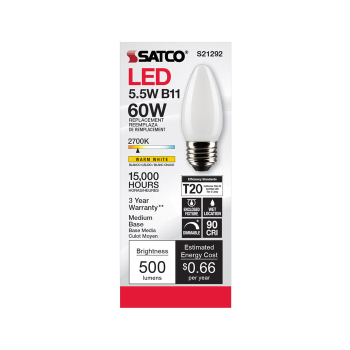 SATCO/NUVO 5.5W B11 LED Frost Medium Base 90 CRI 2700K 120V (S21292)