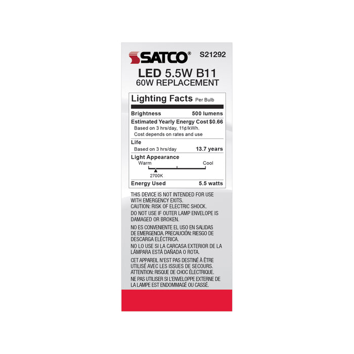 SATCO/NUVO 5.5W B11 LED Frost Medium Base 90 CRI 2700K 120V (S21292)