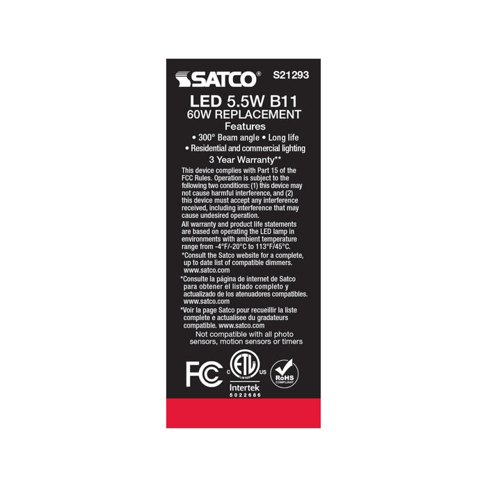 SATCO/NUVO 5.5W B11 LED Frost Medium Base 90 CRI 4000K 120V (S21293)