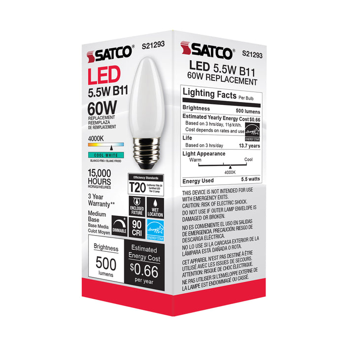 SATCO/NUVO 5.5W B11 LED Frost Medium Base 90 CRI 4000K 120V (S21293)