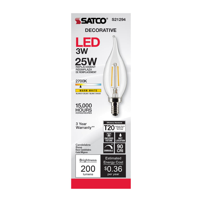 SATCO/NUVO 3W CA11 LED Clear Candelabra Base 90 CRI 2700K 120V (S21294)
