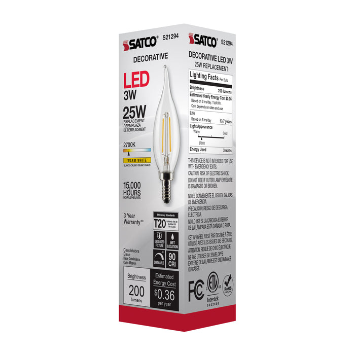 SATCO/NUVO 3W CA11 LED Clear Candelabra Base 90 CRI 2700K 120V (S21294)