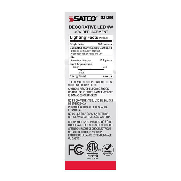 SATCO/NUVO 4W CA11 LED Clear Candelabra Base 90 CRI 2700K 120V (S21296)