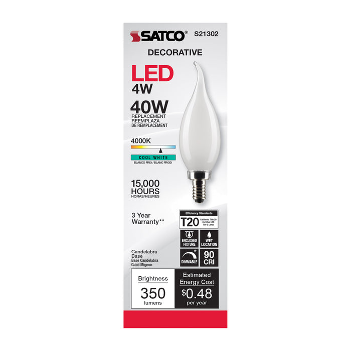 SATCO/NUVO 4W CA11 LED Frost Candelabra Base 90 CRI 4000K 120V (S21302)