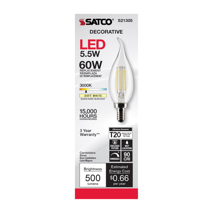 SATCO/NUVO 5.5W CA11 LED Clear Candelabra Base 90 CRI 3000K 120V (S21305)