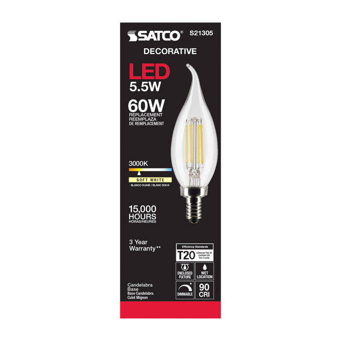 SATCO/NUVO 5.5W CA11 LED Clear Candelabra Base 90 CRI 3000K 120V (S21305)