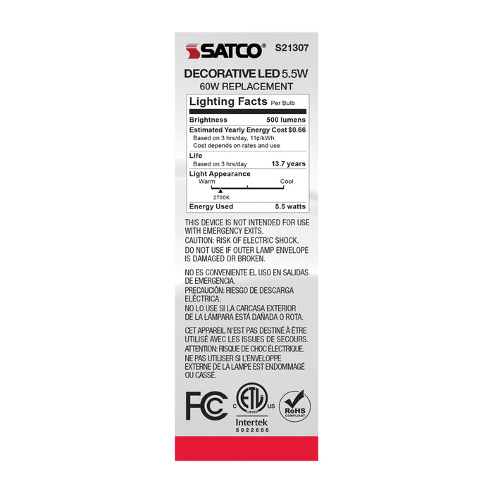 SATCO/NUVO 5.5W CA11 LED Frost Candelabra Base 90 CRI 2700K 120V (S21307)