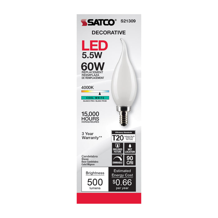 SATCO/NUVO 5.5W CA11 LED Frost Candelabra Base 90 CRI 4000K 120V (S21309)