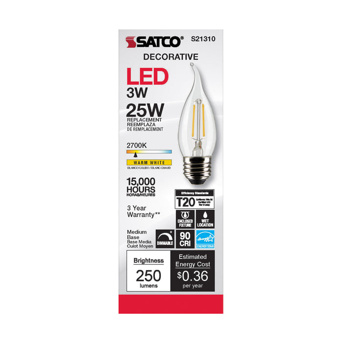 SATCO/NUVO 3W CA11 LED Clear Medium Base 90 CRI 2700K 120V (S21310)