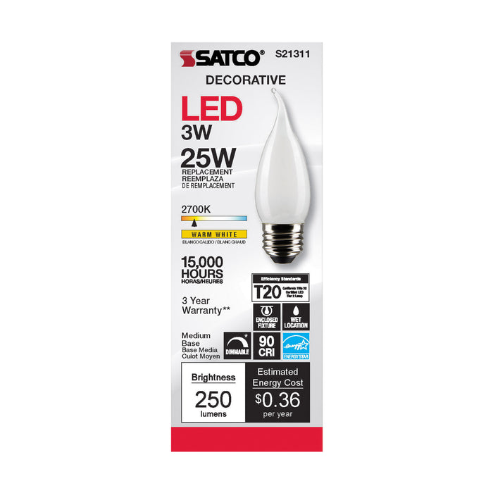 SATCO/NUVO 3W CA11 LED Frost Medium Base 90 CRI 2700K 120V (S21311)