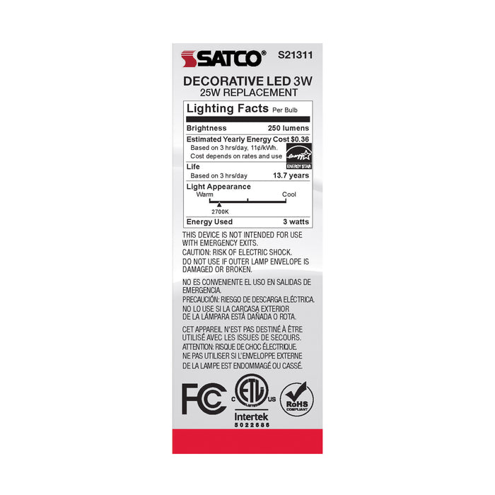 SATCO/NUVO 3W CA11 LED Frost Medium Base 90 CRI 2700K 120V (S21311)