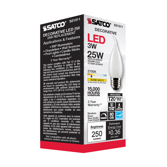 SATCO/NUVO 3W CA11 LED Frost Medium Base 90 CRI 2700K 120V (S21311)