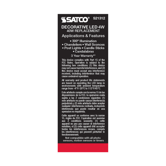 SATCO/NUVO 4W CA11 LED Clear Medium Base 90 CRI 2700K 120V (S21312)