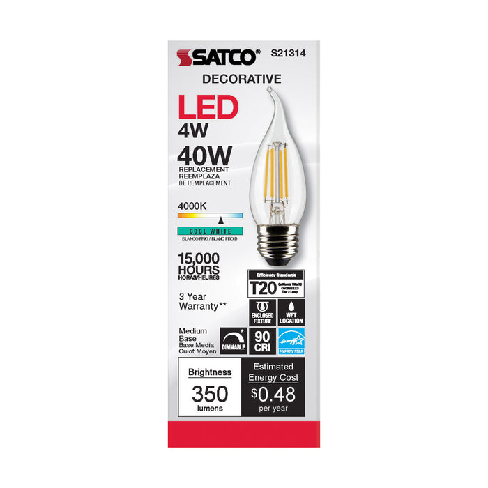 SATCO/NUVO 4W CA11 LED Clear Medium Base 90 CRI 4000K 120V (S21314)