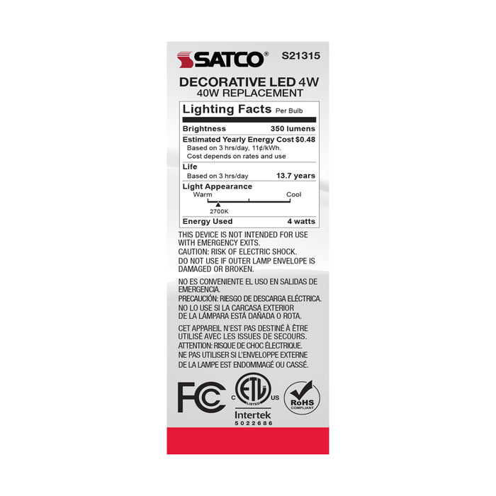 SATCO/NUVO 4W CA11 LED Frost Medium Base 90 CRI 2700K 120V (S21315)