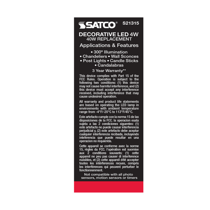 SATCO/NUVO 4W CA11 LED Frost Medium Base 90 CRI 2700K 120V (S21315)