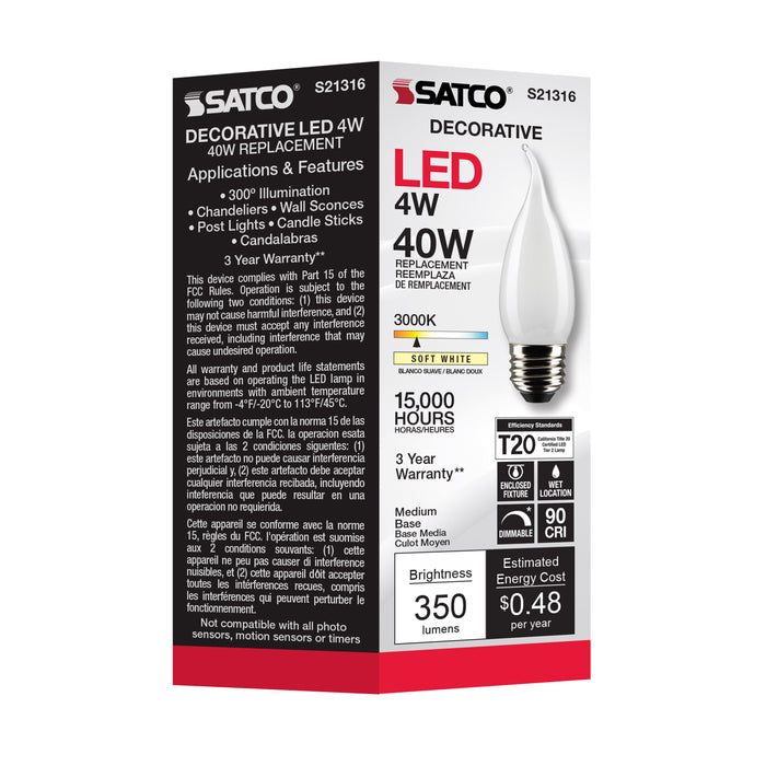 SATCO/NUVO 4W CA11 LED Frost Medium Base 90 CRI 3000K 120V (S21316)