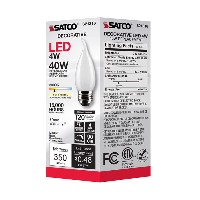 SATCO/NUVO 4W CA11 LED Frost Medium Base 90 CRI 3000K 120V (S21316)