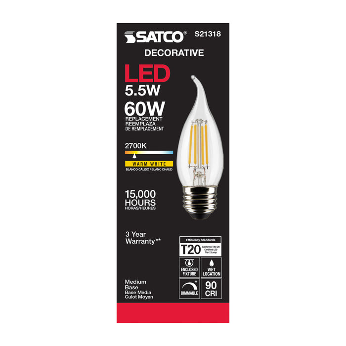 SATCO/NUVO 5.5W CA11 LED Clear Medium Base 90 CRI 2700K 120V (S21318)