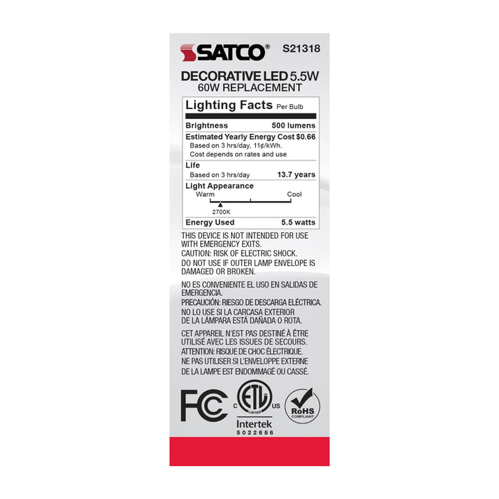 SATCO/NUVO 5.5W CA11 LED Clear Medium Base 90 CRI 2700K 120V (S21318)