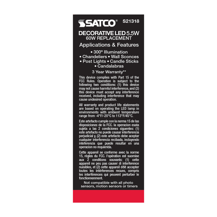 SATCO/NUVO 5.5W CA11 LED Clear Medium Base 90 CRI 2700K 120V (S21318)