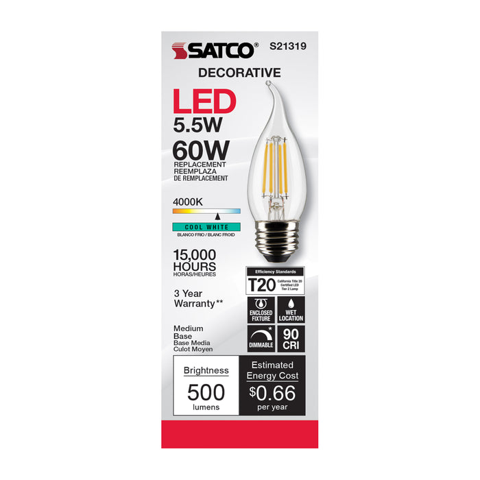 SATCO/NUVO 5.5W CA11 LED Clear Medium Base 90 CRI 4000K 120V (S21319)