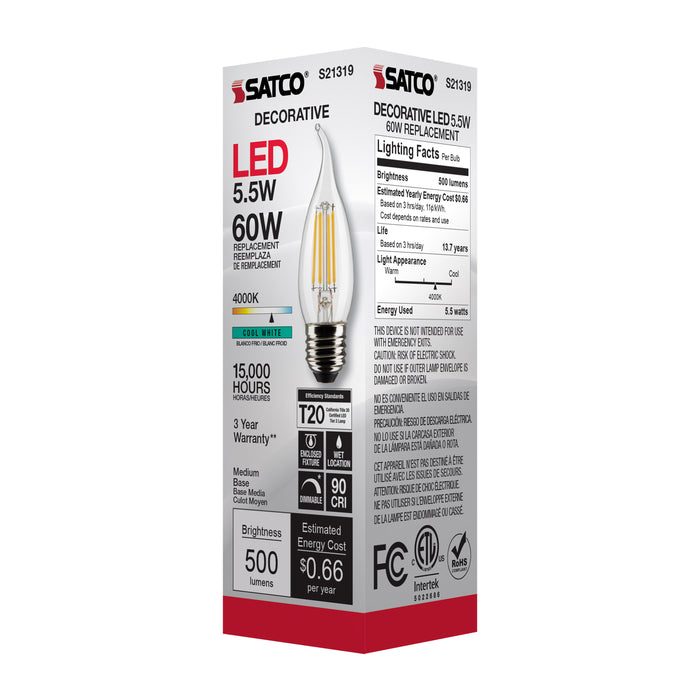 SATCO/NUVO 5.5W CA11 LED Clear Medium Base 90 CRI 4000K 120V (S21319)