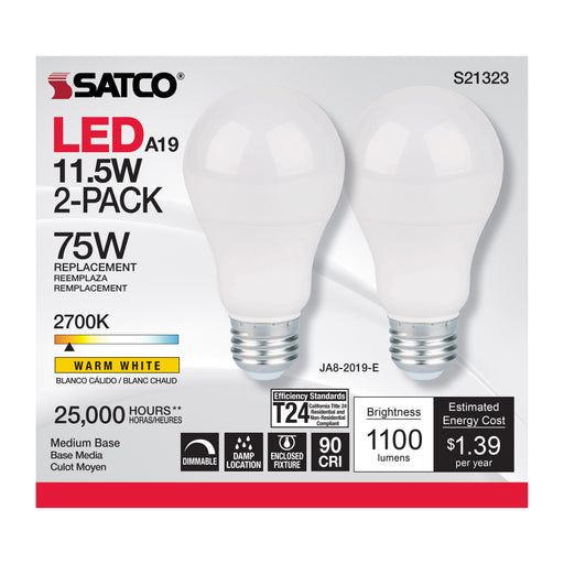 SATCO/NUVO 11.5W A19 LED 90 CRI 2700K Medium Base 220 Degree Beam Angle 120V 1100Lm Sold As 2 Pack (S21323)