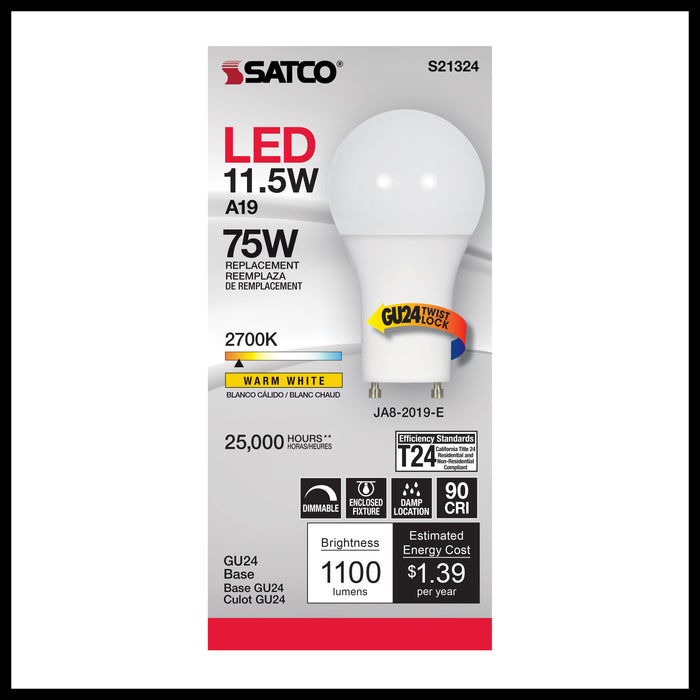 SATCO/NUVO 11.5W A19 LED 90 CRI 2700K GU24 Base 220 Degree Beam Angle 120V 1100Lm (S21324)