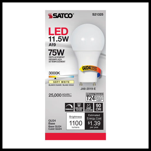 SATCO/NUVO 11.5W A19 LED 90 CRI 3000K GU24 Base 220 Degree Beam Angle 120V 1100Lm (S21325)